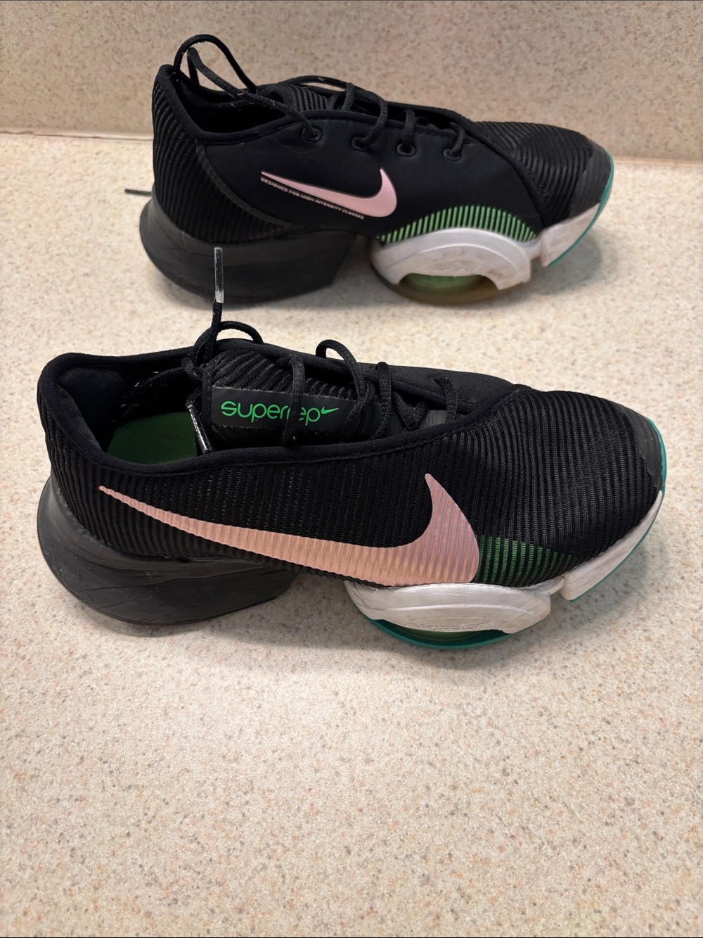 Nike Black SuperRep Sneakers with Pink Swoosh and Green Details